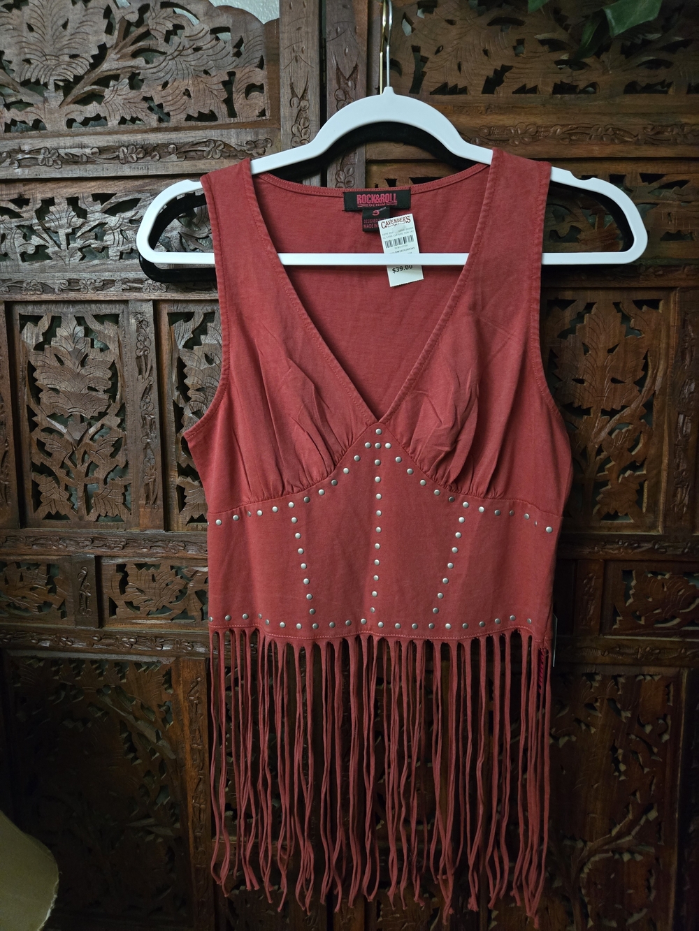 Rock & Roll Cowgirl Rust Red Studded V-Neck Tank
